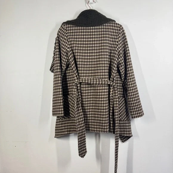 Vintage Stetson Brown Houndstooth Wool Blend Knit Collar Belted Coat Size S - Picture 10 of 14
